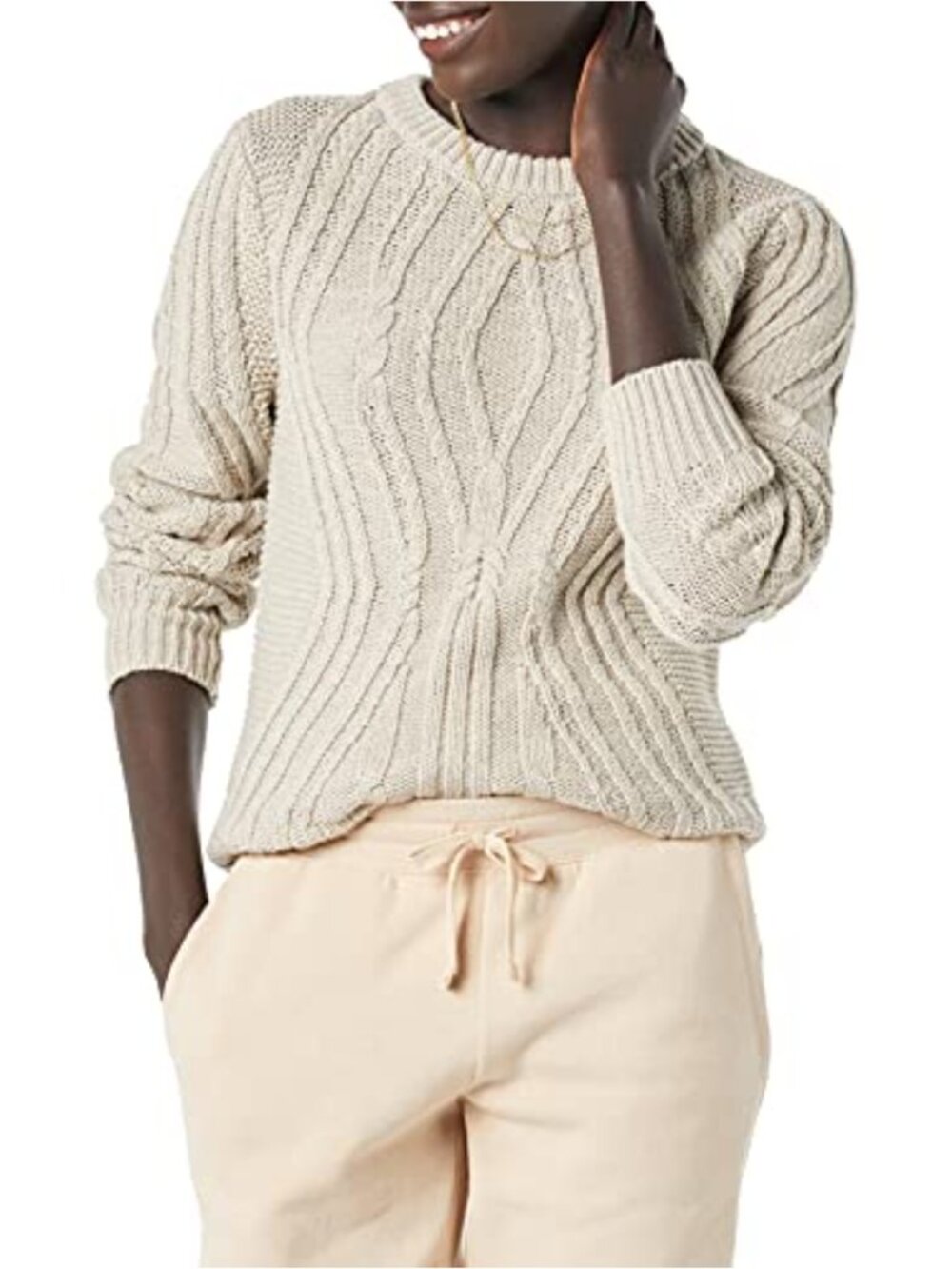 100% Cotton Cable Knit Crewneck Sweater Long Sleeve Cozy